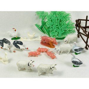 Vintage Plastic Toy Animal Figurine Lot Farm Animals And Trees With 3 Sided Pen